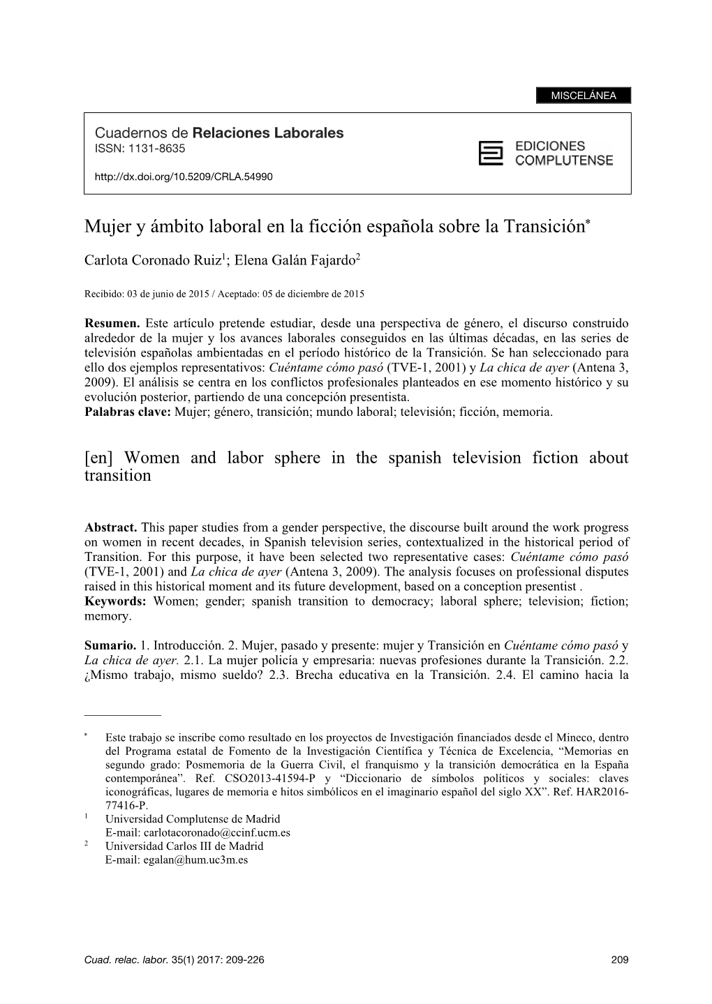 Mujer Y Ámbito Laboral En La Ficción Española Sobre La Transición