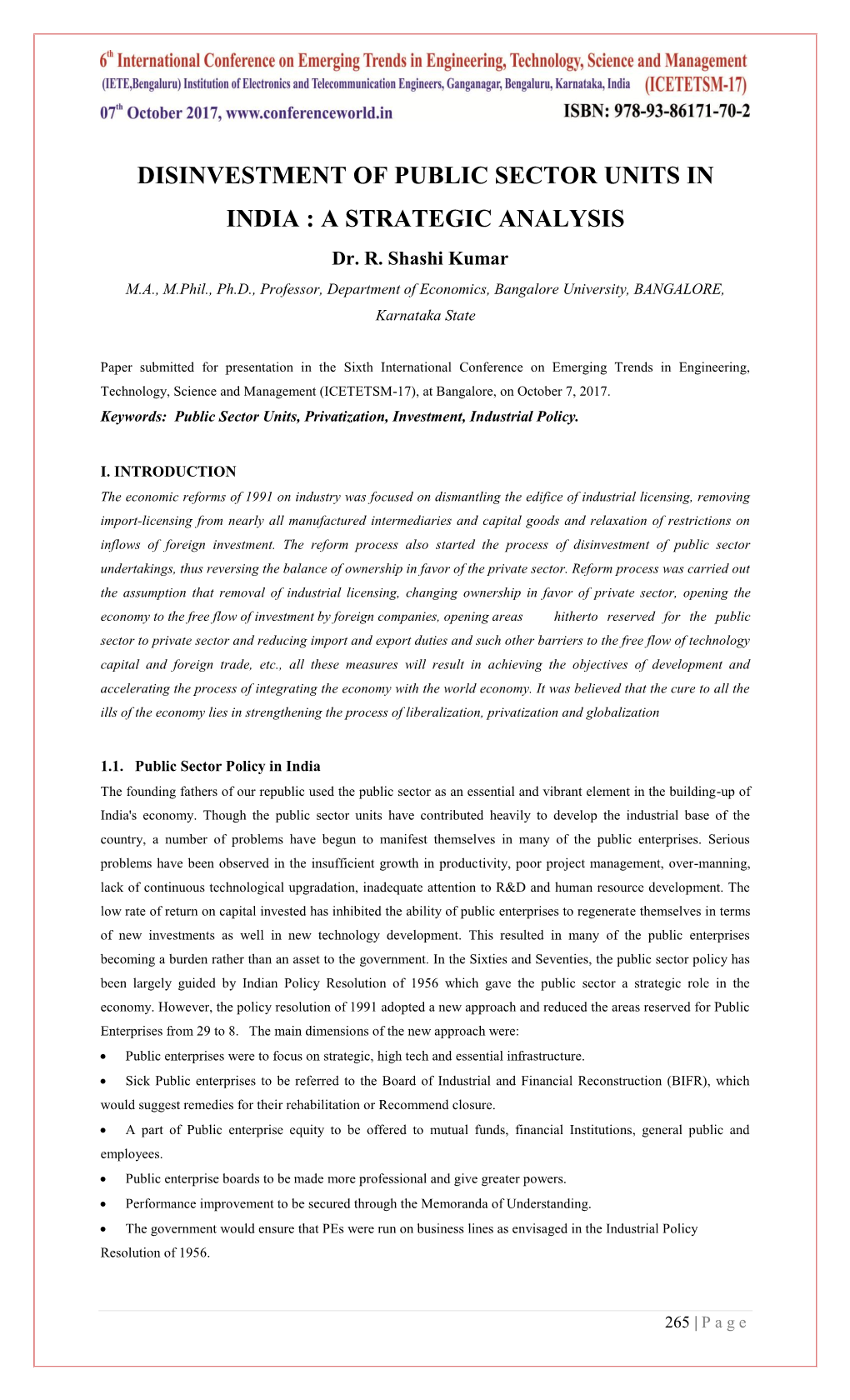 Disinvestment of Public Sector Units in India : a Strategic Analysis