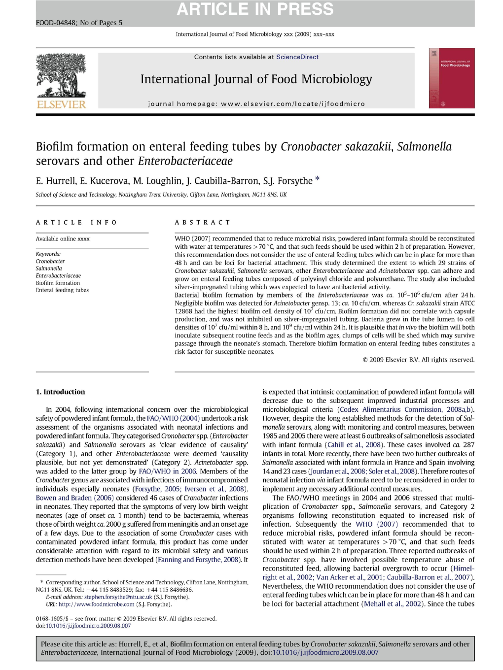 Biofilm Formation on Enteral Feeding Tubes by Cronobacter Sakazakii, Salmonella Serovars and Other Enterobacteriaceae E