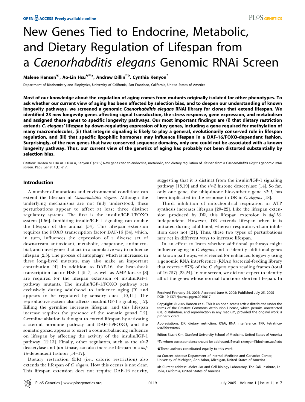 New Genes Tied to Endocrine, Metabolic, and Dietary Regulation of Lifespan from a Caenorhabditis Elegans Genomic Rnai Screen