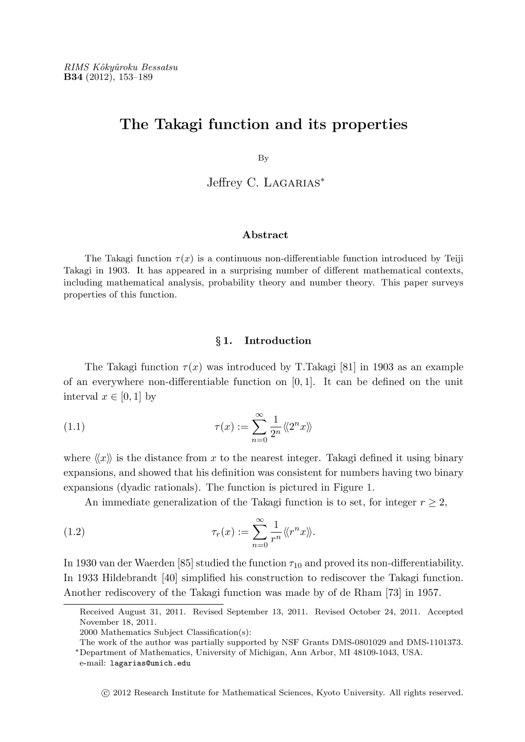The Takagi Function and Its Properties