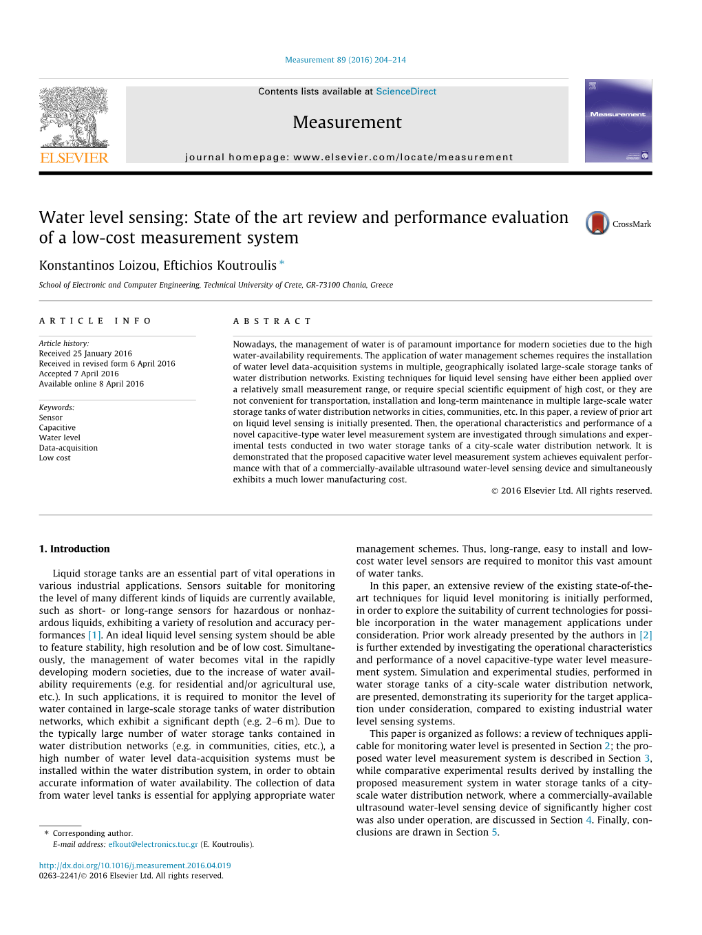 Water Level Sensing: State of the Art Review and Performance Evaluation of a Low-Cost Measurement System ⇑ Konstantinos Loizou, Eftichios Koutroulis