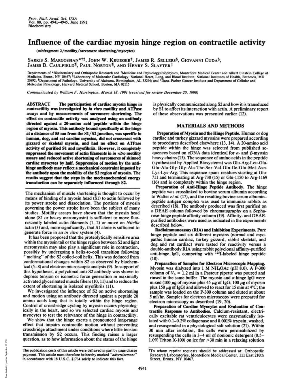 Influence of the Cardiac Myosin Hinge Region on Contractile Activity (Subfragment 2/Motility/Sarcomere Shortening/Myocytes) SARKIS S