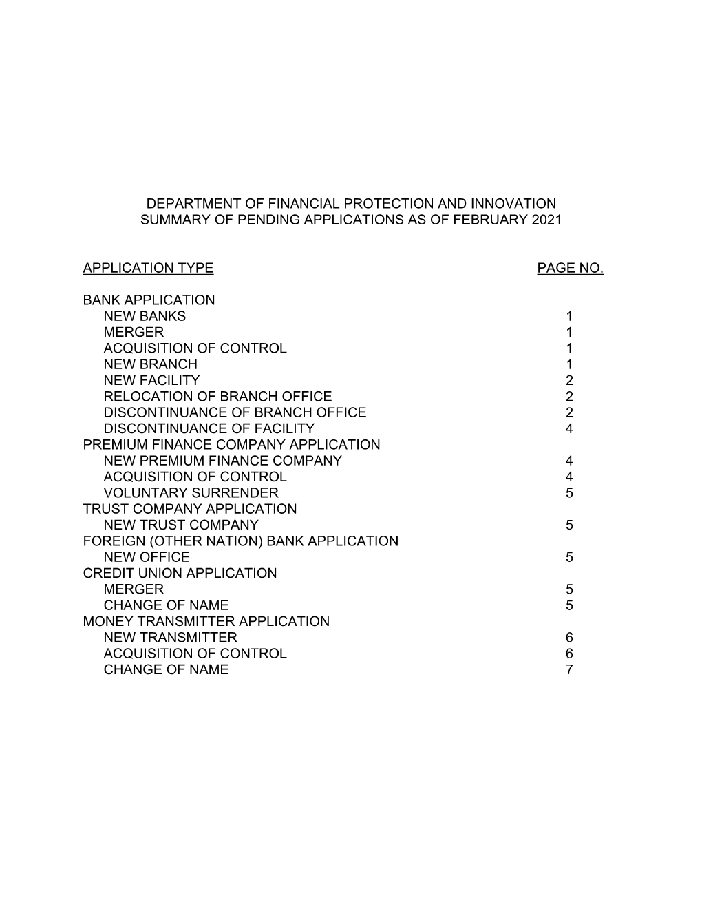 Summary of Pending Applications As of February 2021 (PDF)