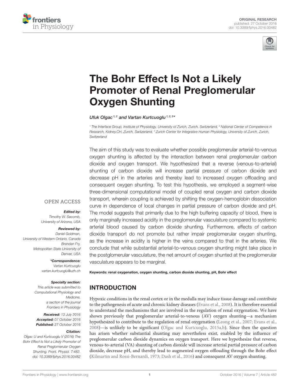 The Bohr Effect Is Not a Likely Promoter of Renal Preglomerular Oxygen Shunting