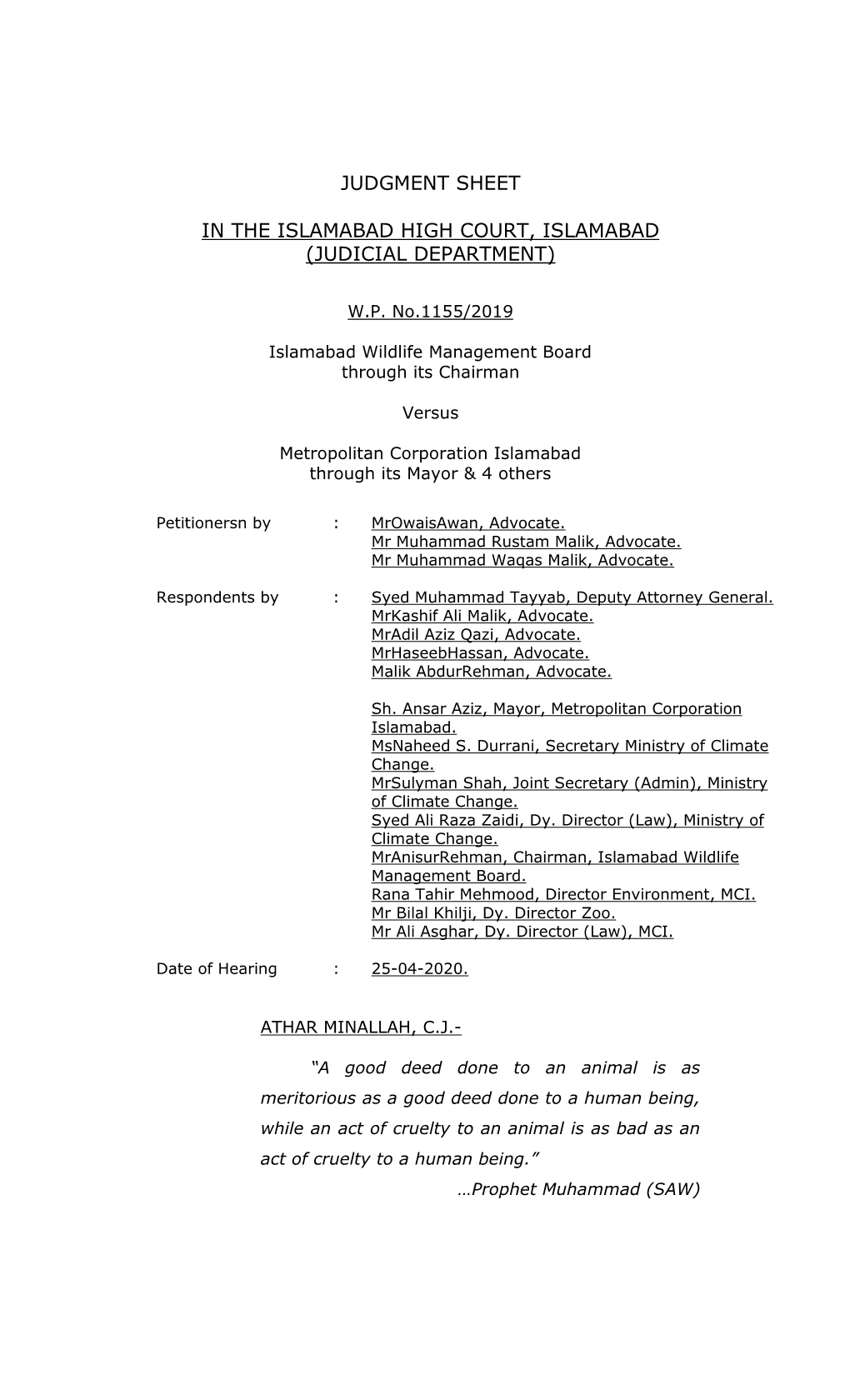 Judgment Sheet in the Islamabad High Court, Islamabad (Judicial Department)