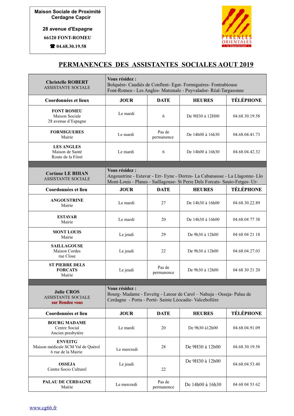 Permanences Des Assistantes Sociales Aout 2019