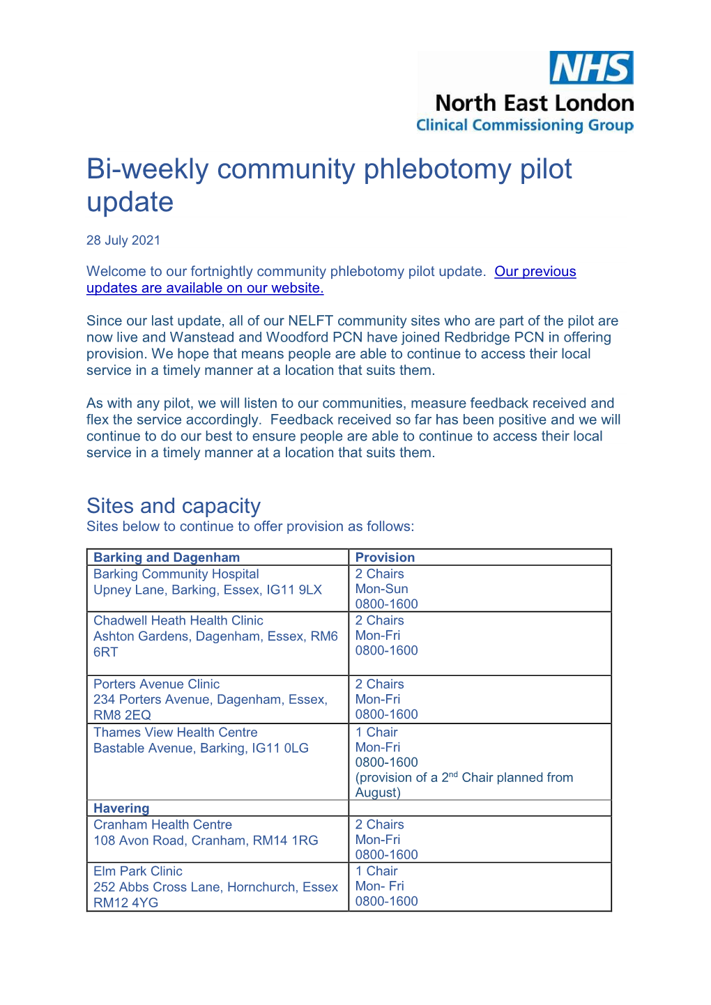 Bi-Weekly Community Phlebotomy Pilot Update