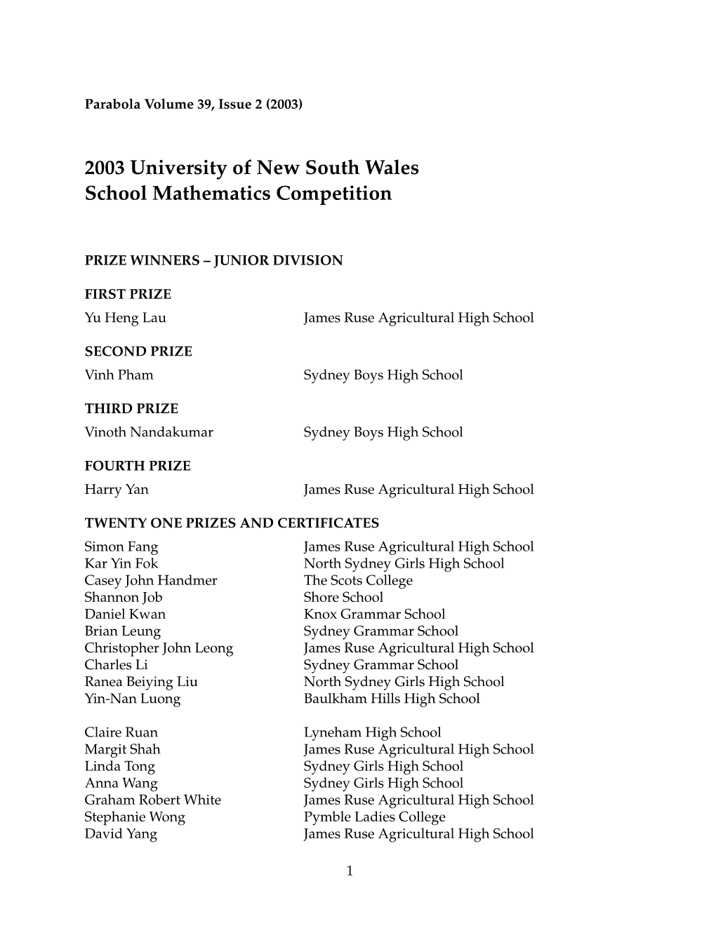 2003 University of New South Wales School Mathematics Competition