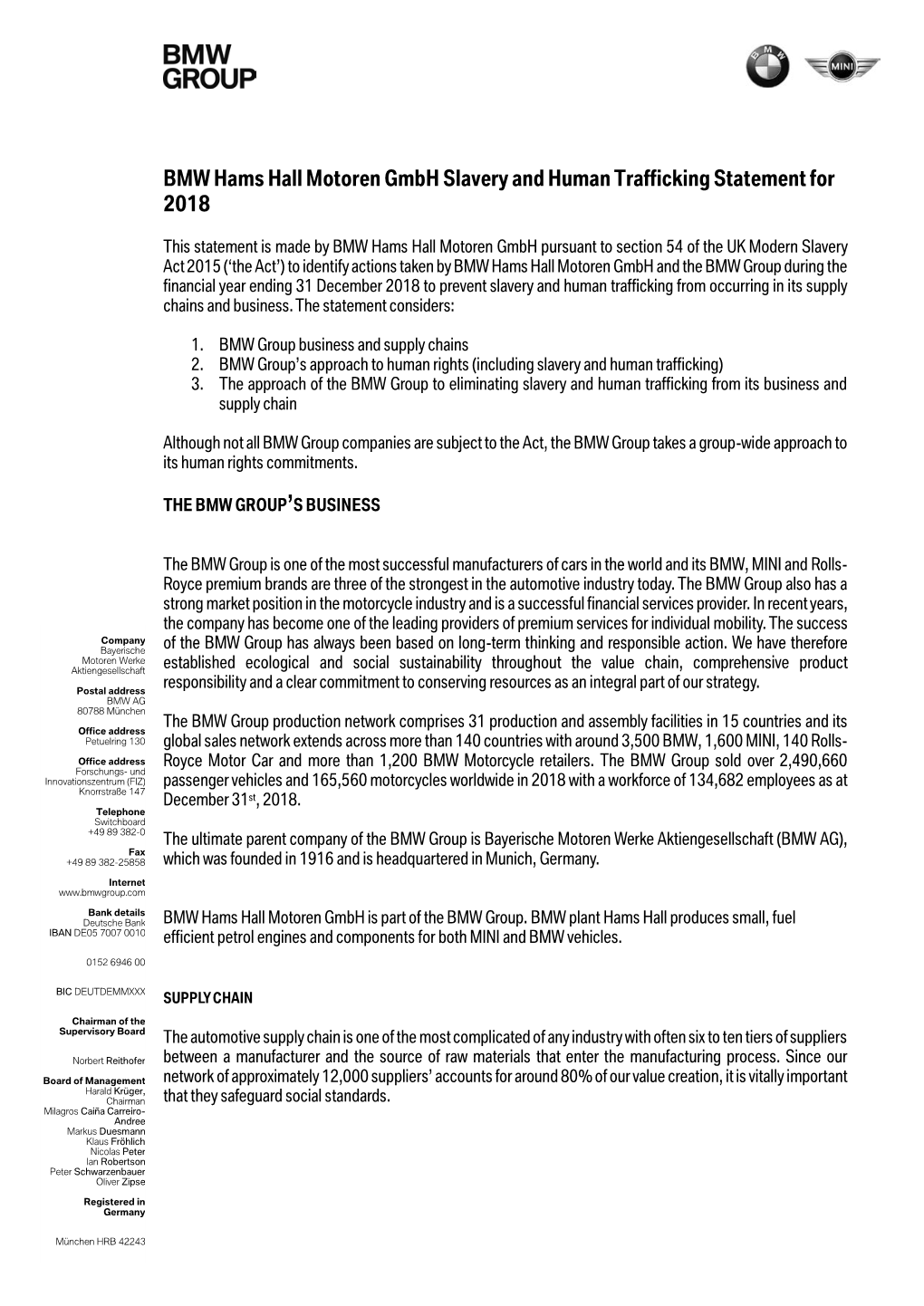 BMW Hams Hall Motoren Gmbh Slavery and Human Trafficking Statement for 2018