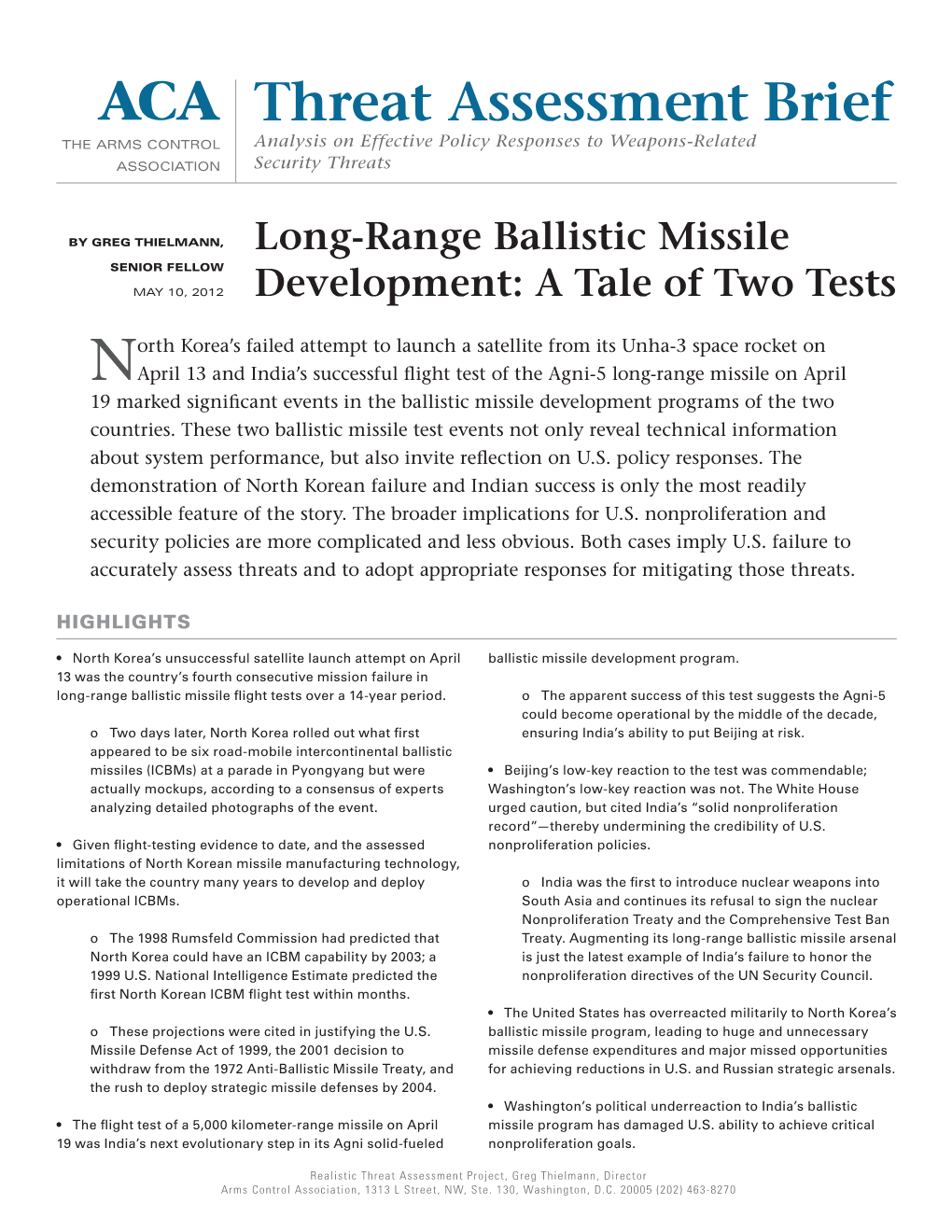 ACA Threat Assessment Brief the ARMS CONTROL Analysis on Effective Policy Responses to Weapons-Related ASSOCIATION Security Threats