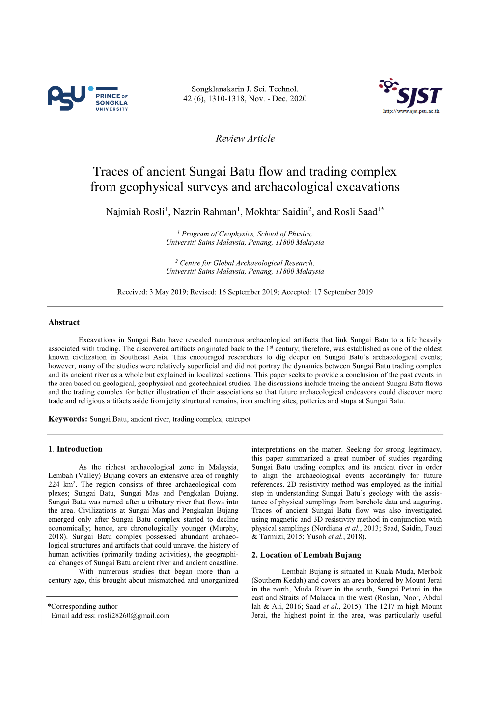 Traces of Ancient Sungai Batu Flow and Trading Complex from Geophysical Surveys and Archaeological Excavations