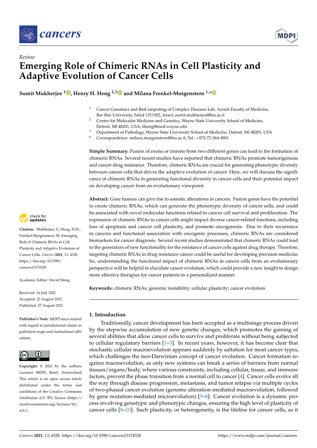 Emerging Role of Chimeric Rnas in Cell Plasticity and Adaptive Evolution of Cancer Cells