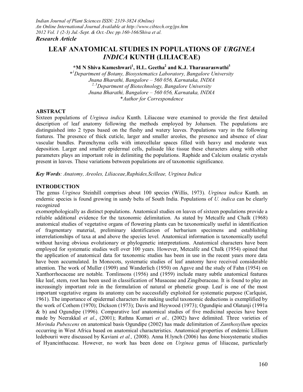 Leaf Anatomical Studies in Populations of Urginea Indica Kunth (Liliaceae)