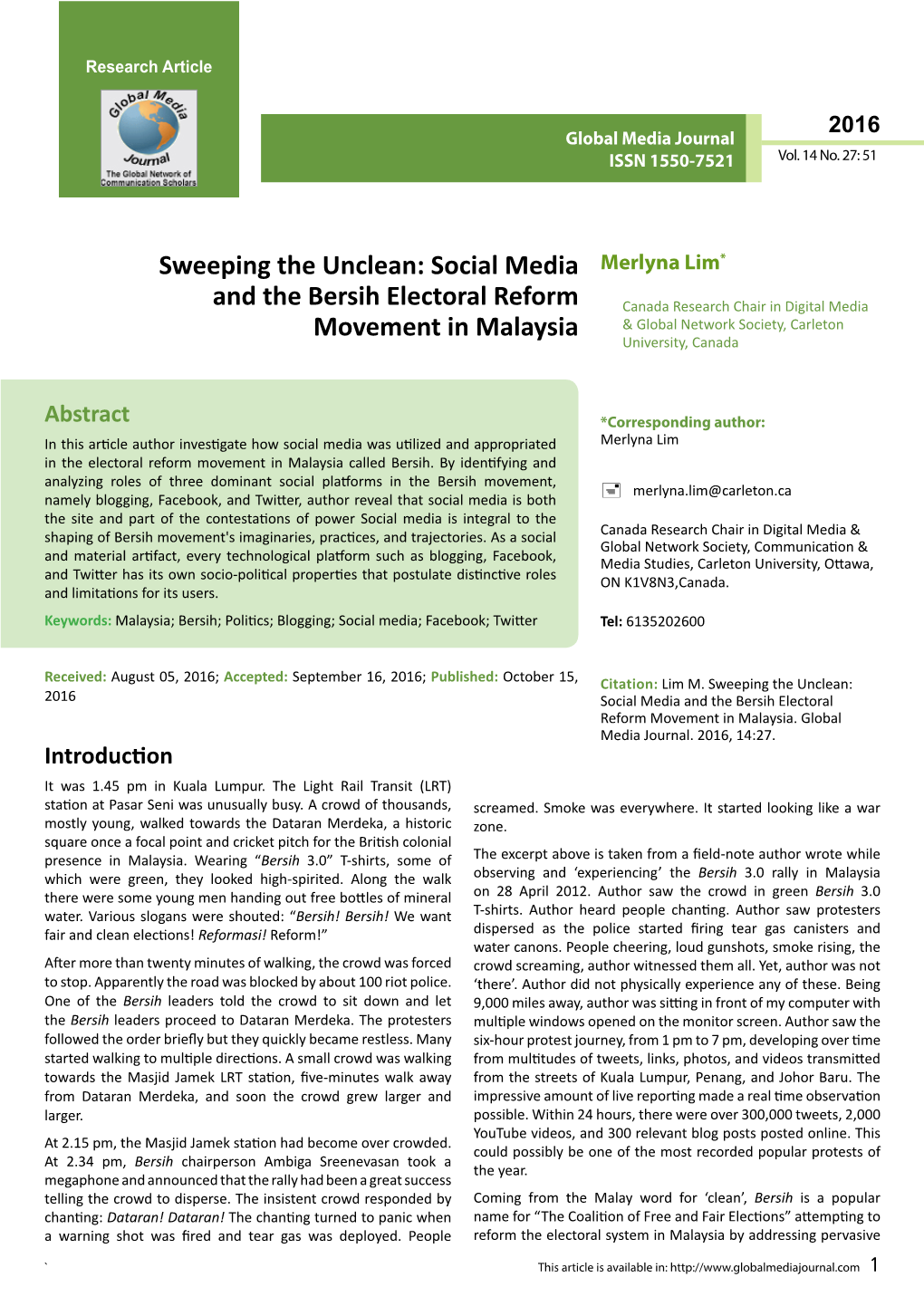 Social Media and the Bersih Electoral Reform Movement in Malaysia