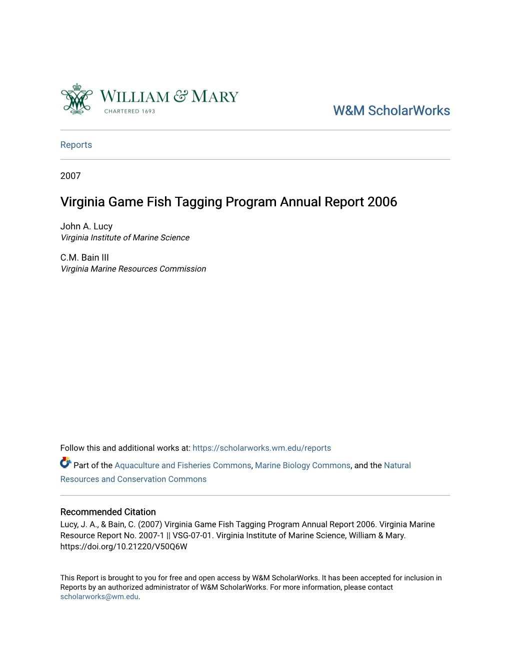 Virginia Game Fish Tagging Program Annual Report 2006