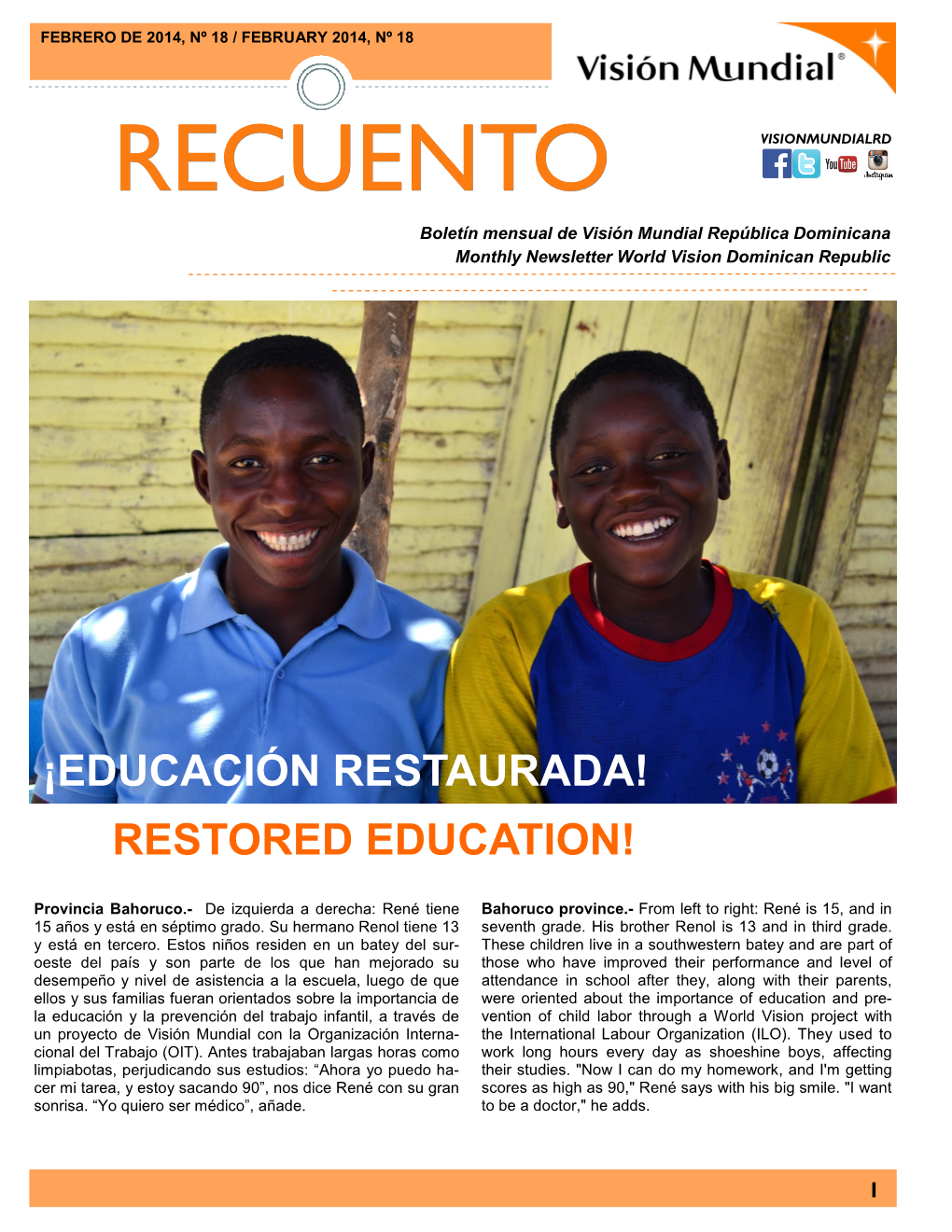 RECUENTO VISIONMUNDIALRD Boletín Mensual De Visión Mundial República Dominicana Monthly Newsletter World Vision Dominican Republic