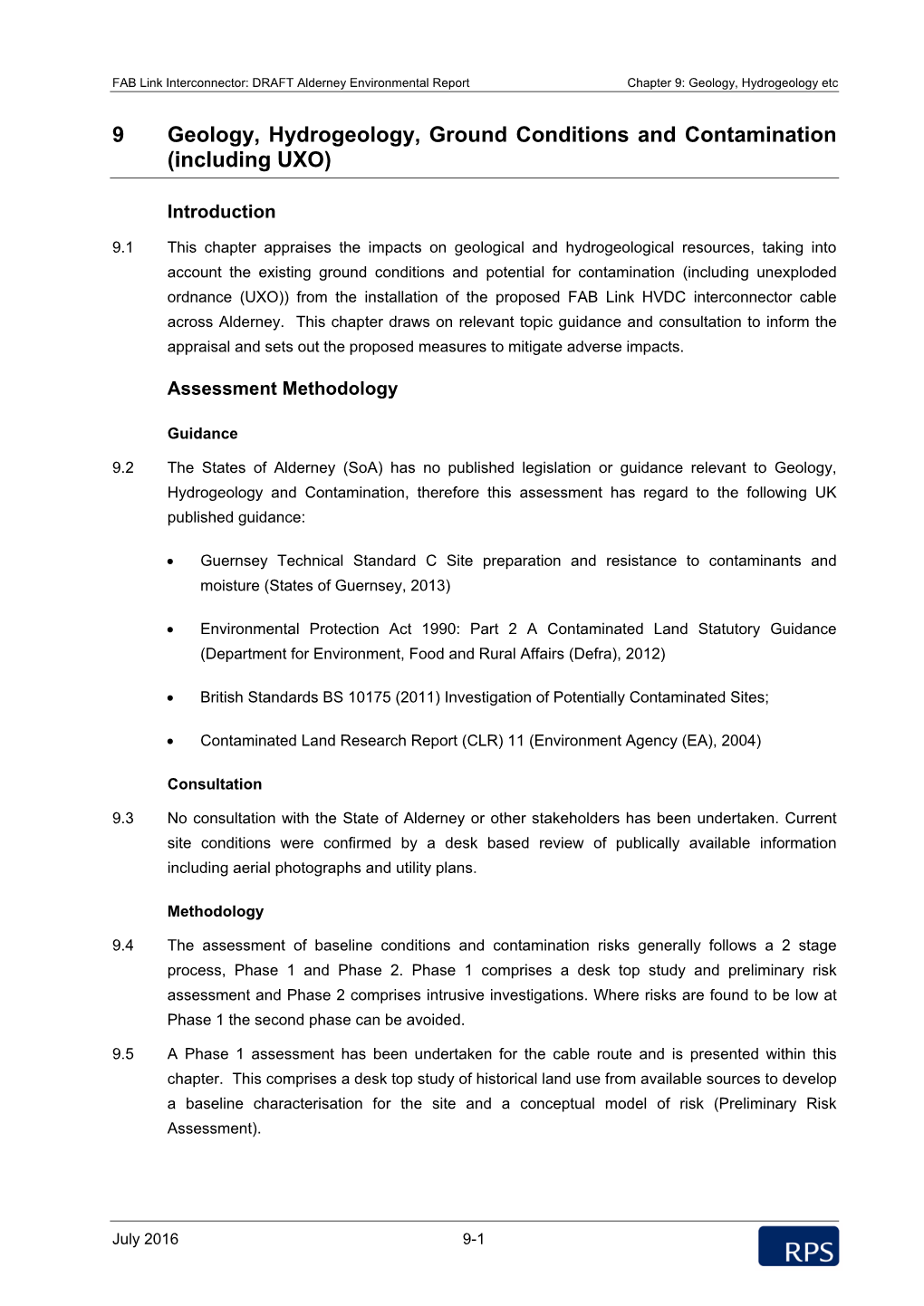 9 Geology, Hydrogeology, Ground Conditions and Contamination (Including UXO)