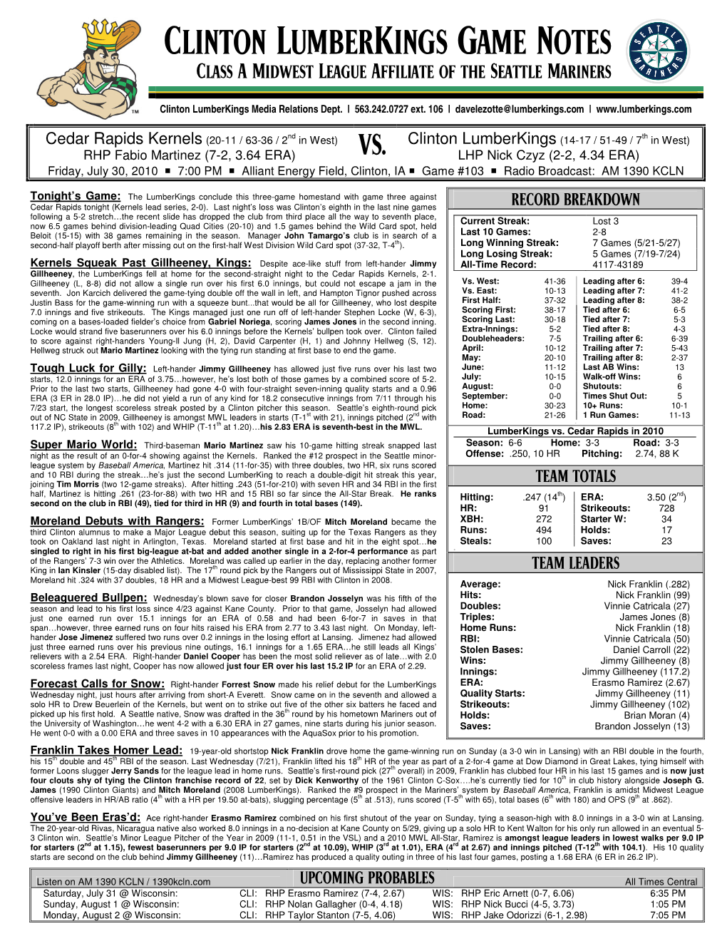 Clinton Lumberkings Game Notes Class a Midwest League Affiliate of the Seattle Mariners