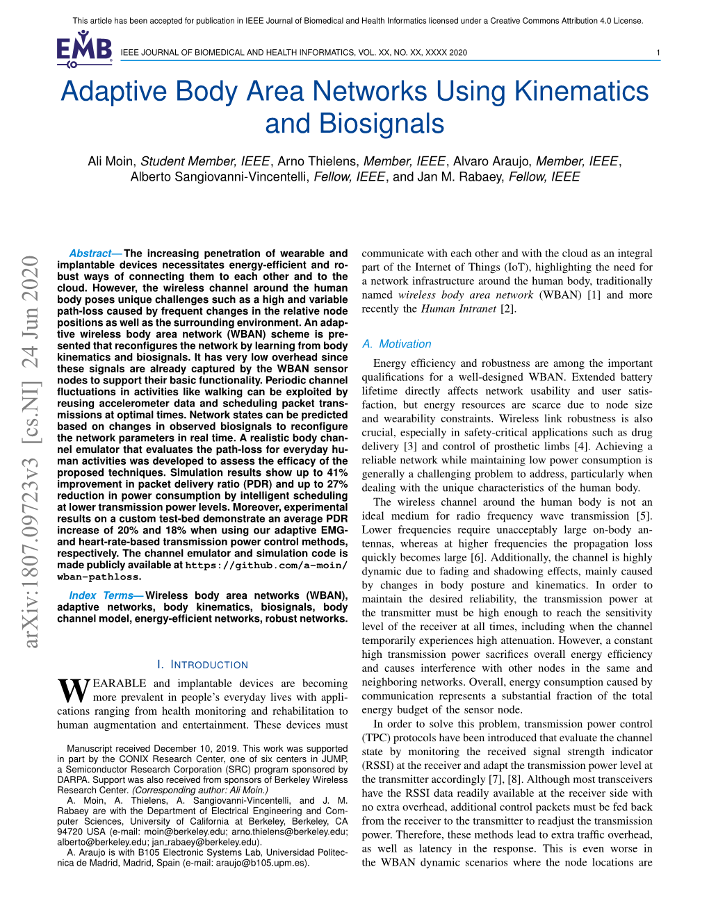 Adaptive Body Area Networks Using Kinematics and Biosignals