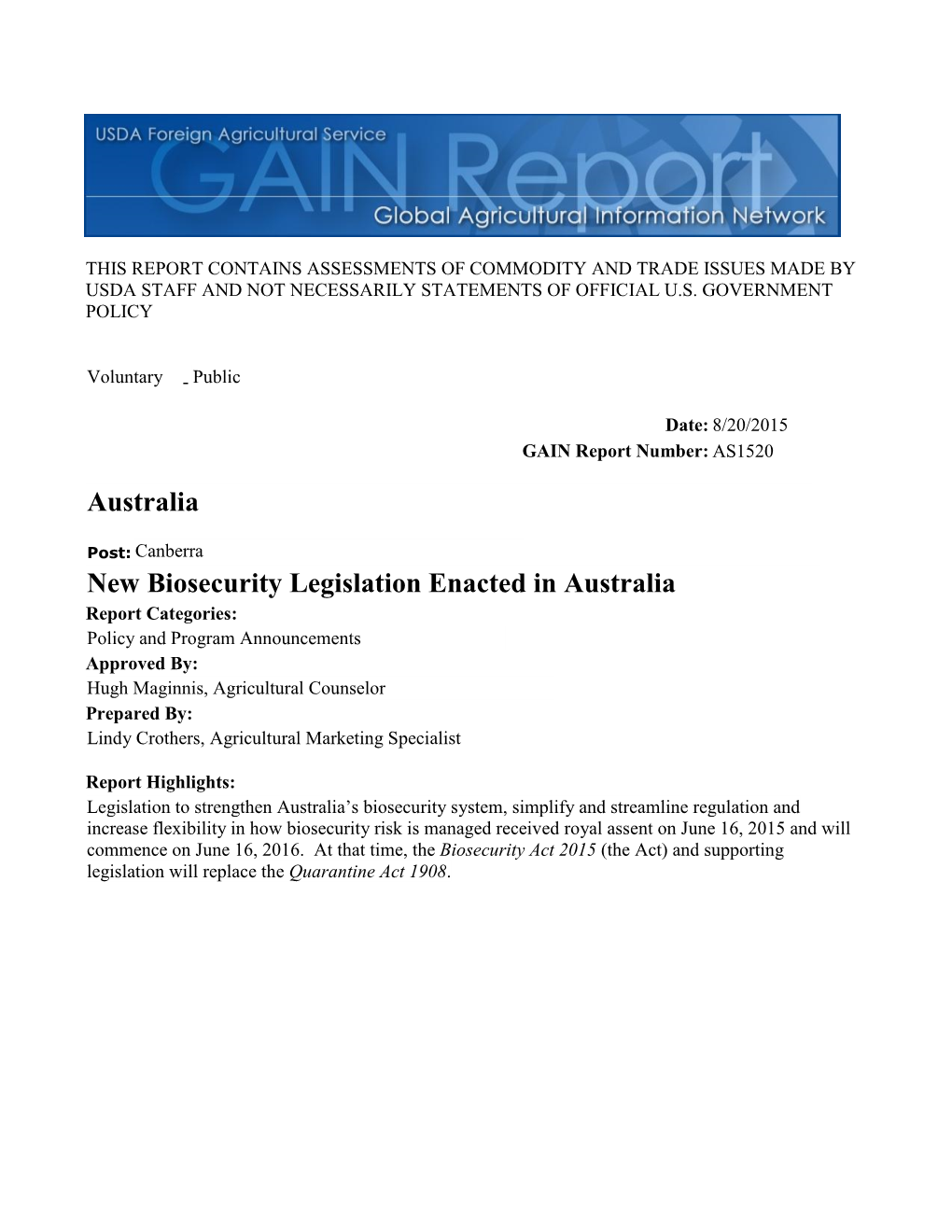 New Biosecurity Legislation Enacted in Australia Australia