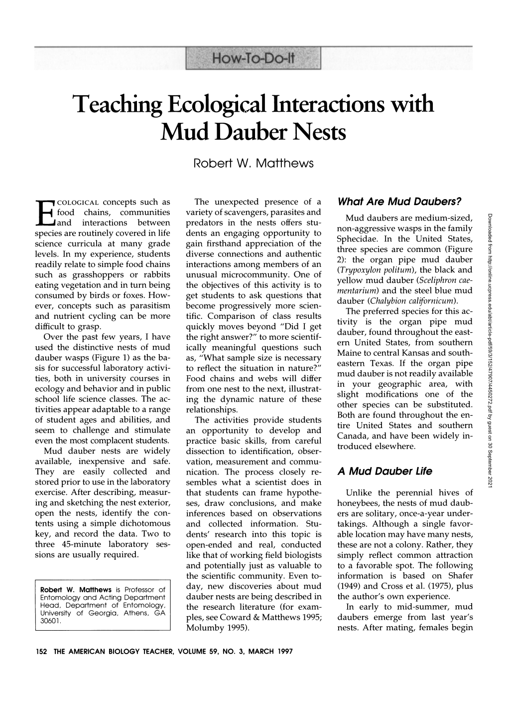 Teaching Ecological Interactions with Mud Dauber Nests