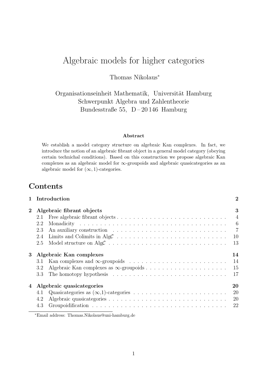 Algebraic Models for Higher Categories