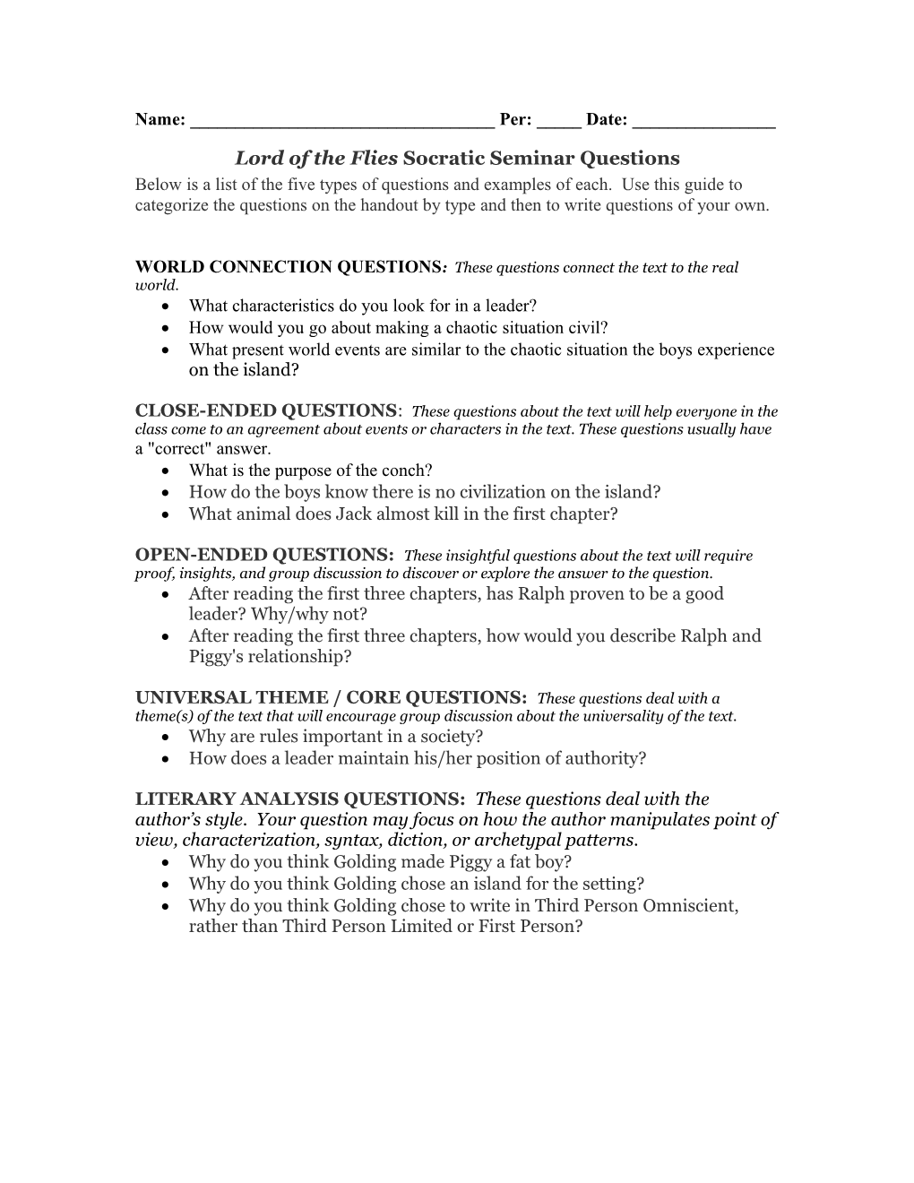 Lord of the Flies Socratic Seminar Questions