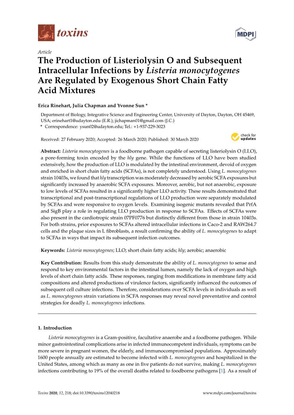 The Production of Listeriolysin O and Subsequent Intracellular Infections by Listeria Monocytogenes Are Regulated by Exogenous Short Chain Fatty Acid Mixtures