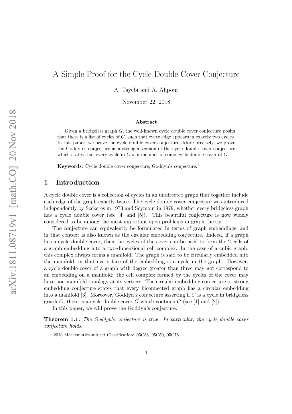 A Simple Proof for the Cycle Double Cover Conjecture