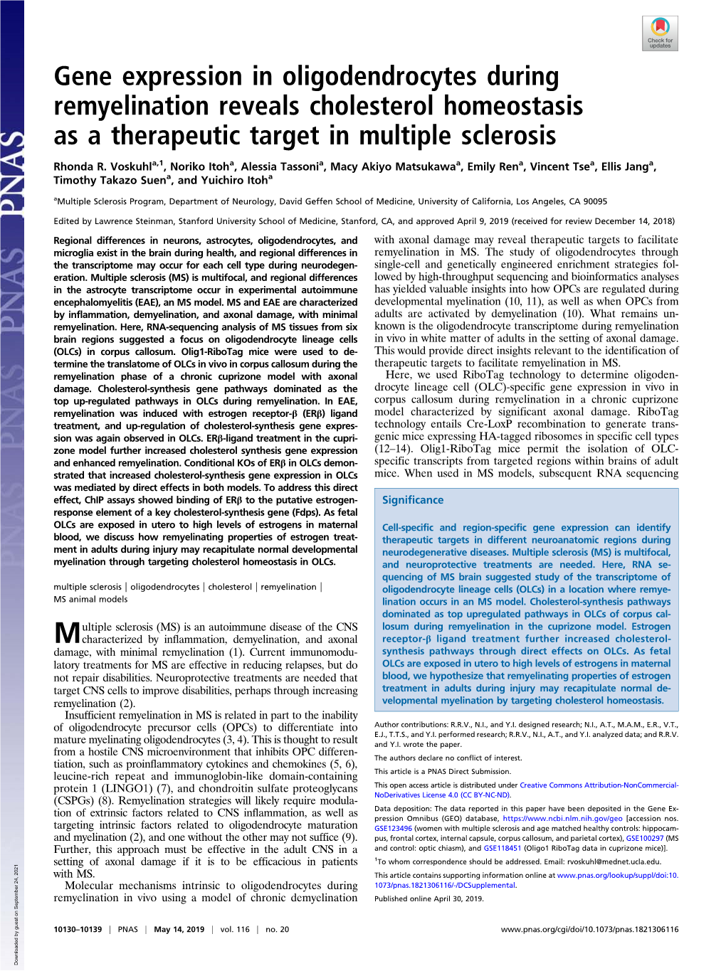 Gene Expression in Oligodendrocytes During Remyelination Reveals Cholesterol Homeostasis As a Therapeutic Target in Multiple Sclerosis