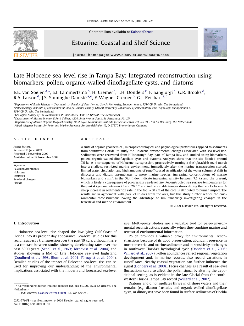 Late Holocene Sea-Level Rise in Tampa Bay: Integrated Reconstruction Using Biomarkers, Pollen, Organic-Walled Dinoﬂagellate Cysts, and Diatoms