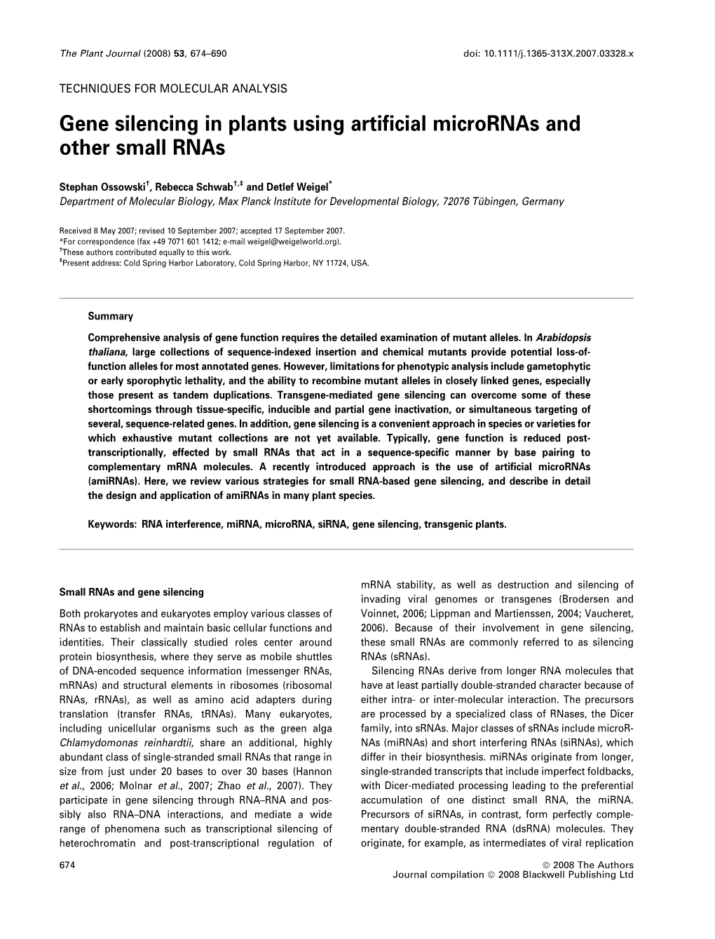 Gene Silencing in Plants Using Artificial Micrornas and Other Small Rnas