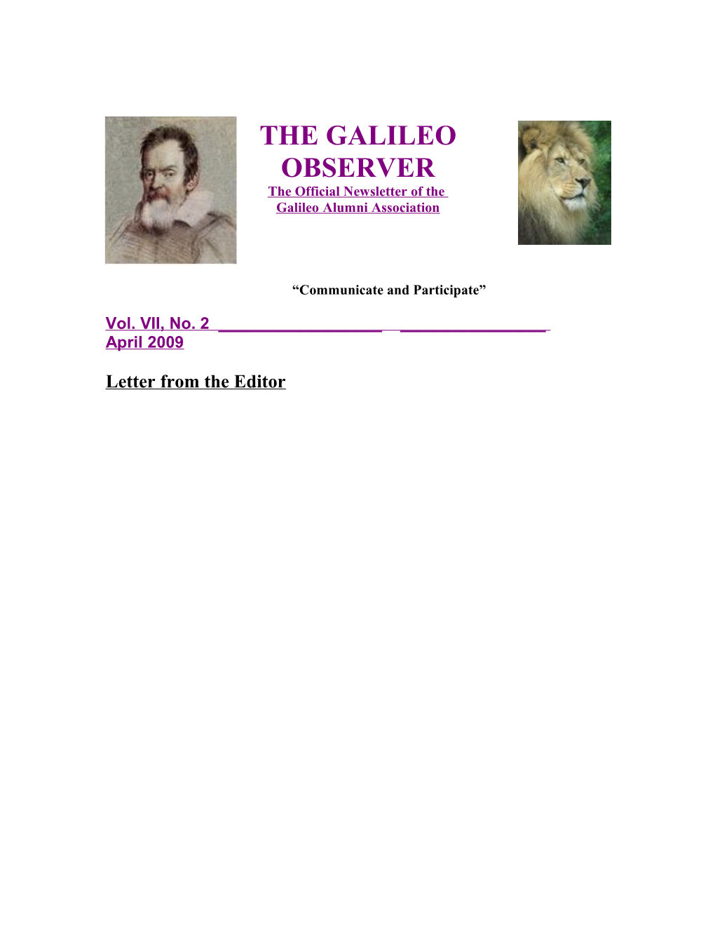 THE GALILEO OBSERVER the Official Newsletter of the Galileo Alumni Association