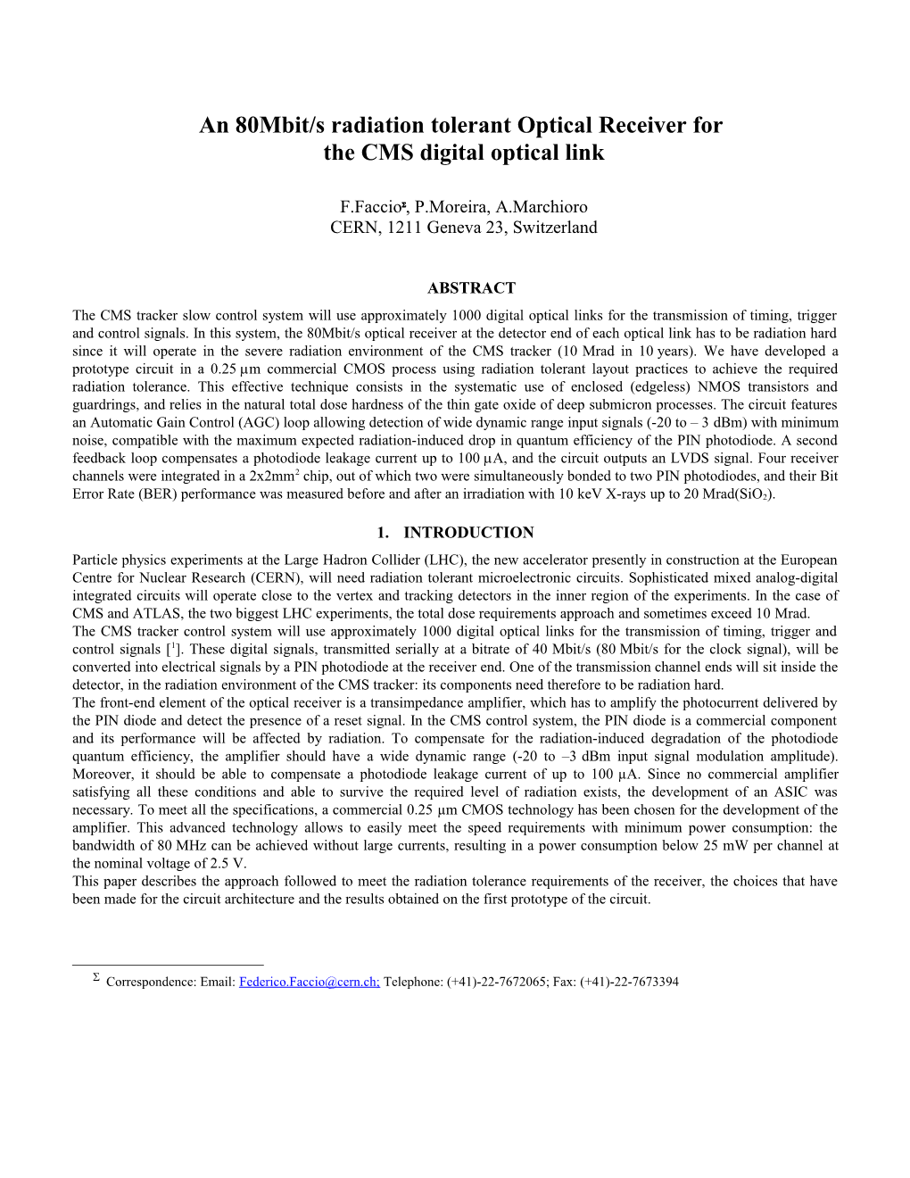 Optical Receiver 80Mbit/S Front-End