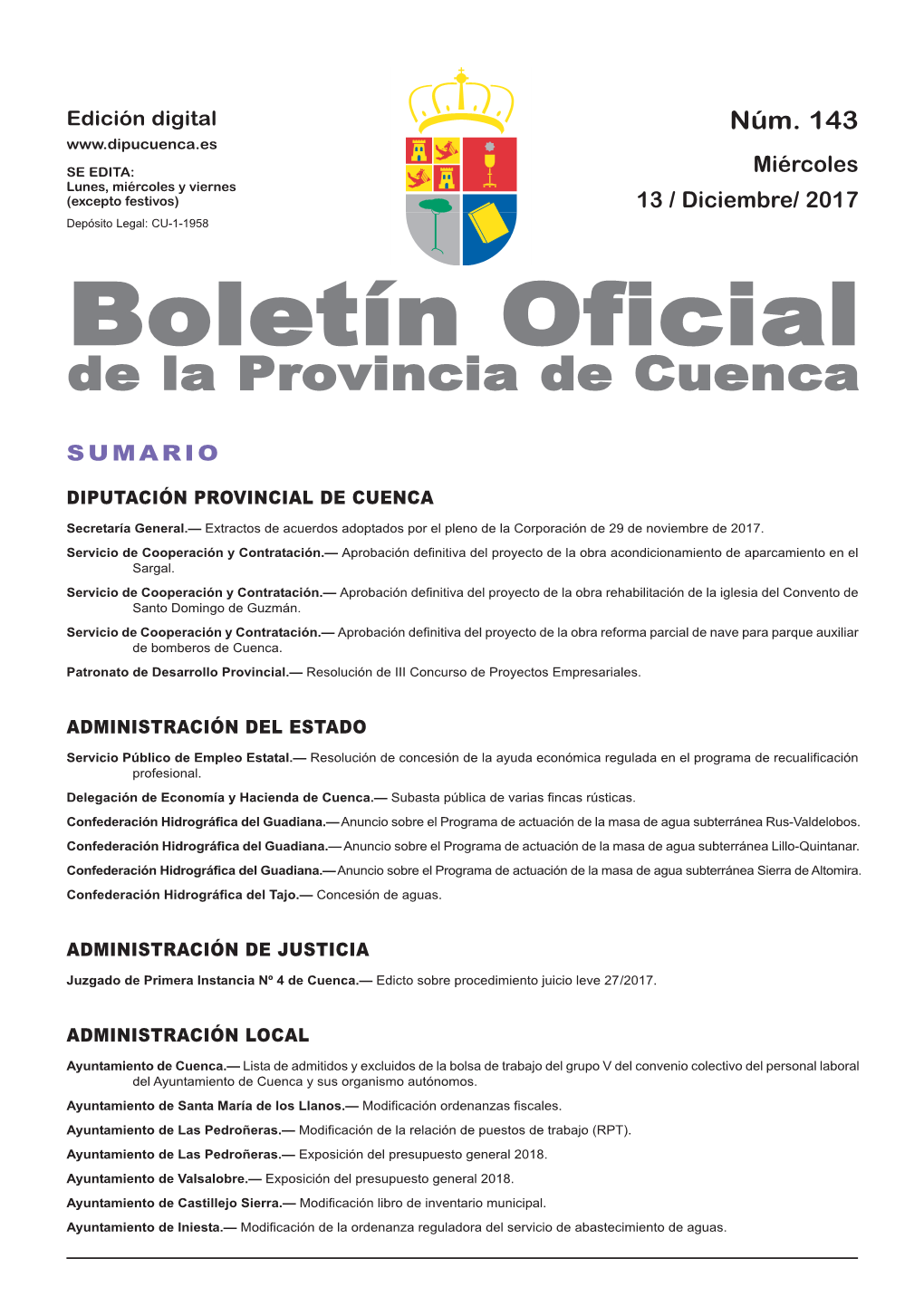 Boletín Oficial De La Provincia De Cuenca Sumario Diputación Provincial De Cuenca