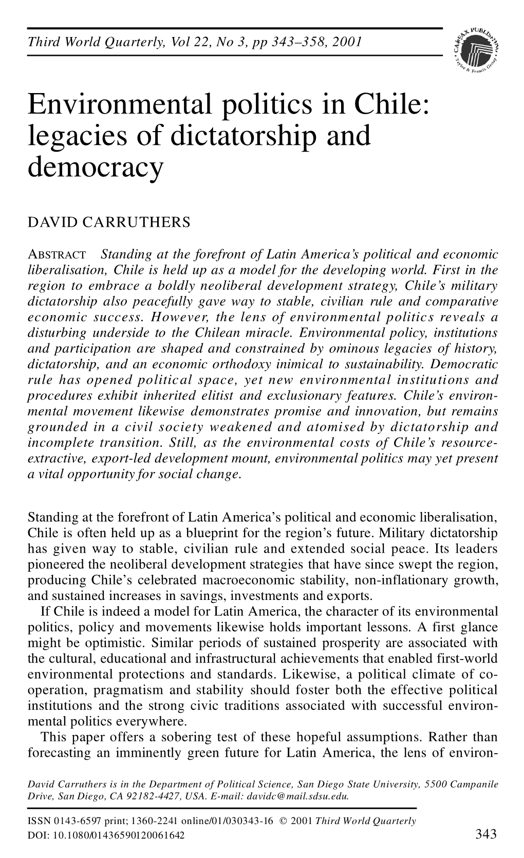 Environmental Politics in Chile: Legacies of Dictatorship and Democracy