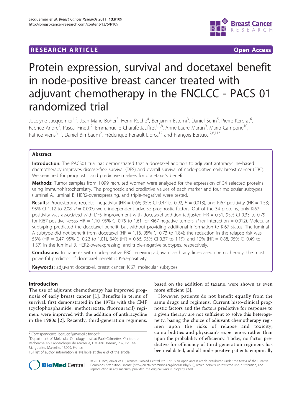 Protein Expression, Survival and Docetaxel Benefit in Node-Positive Breast Cancer Treated with Adjuvant Chemotherapy in the FNCL