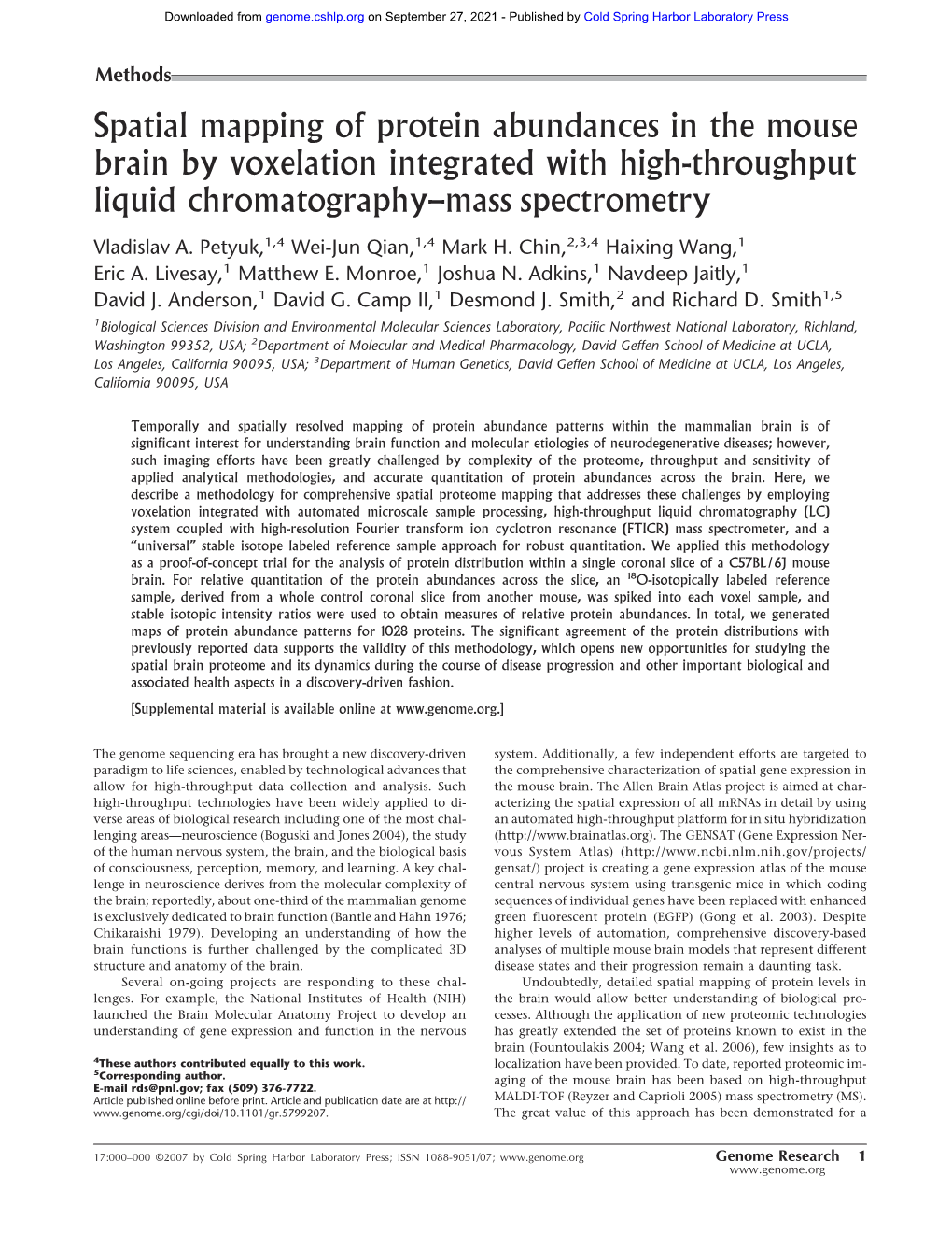 Spatial Mapping of Protein Abundances in the Mouse Brain by Voxelation Integrated with High-Throughput Liquid Chromatography–Mass Spectrometry