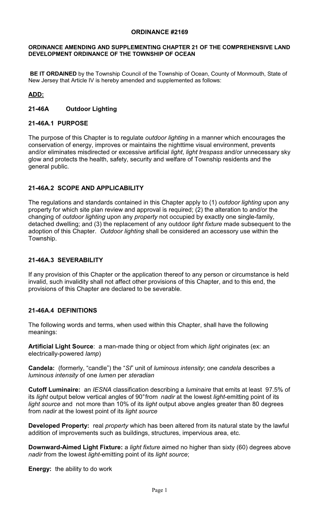 ORDINANCE #2169 ADD: 21-46A Outdoor Lighting