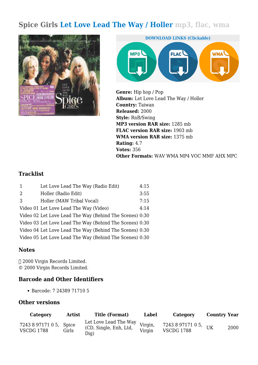 Spice Girls Let Love Lead the Way / Holler Mp3, Flac, Wma