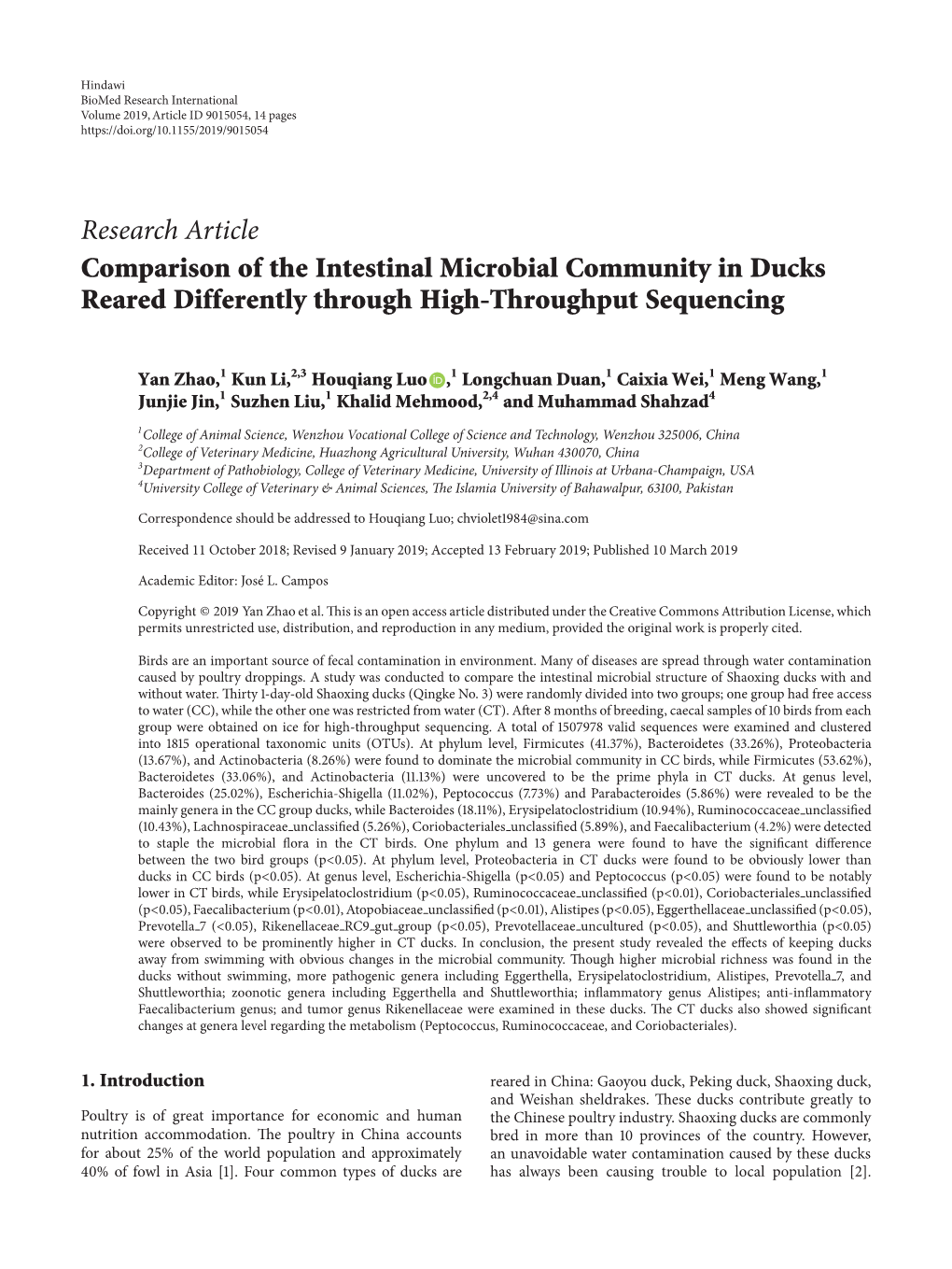 Comparison of the Intestinal Microbial Community in Ducks Reared Differently Through High-Throughput Sequencing