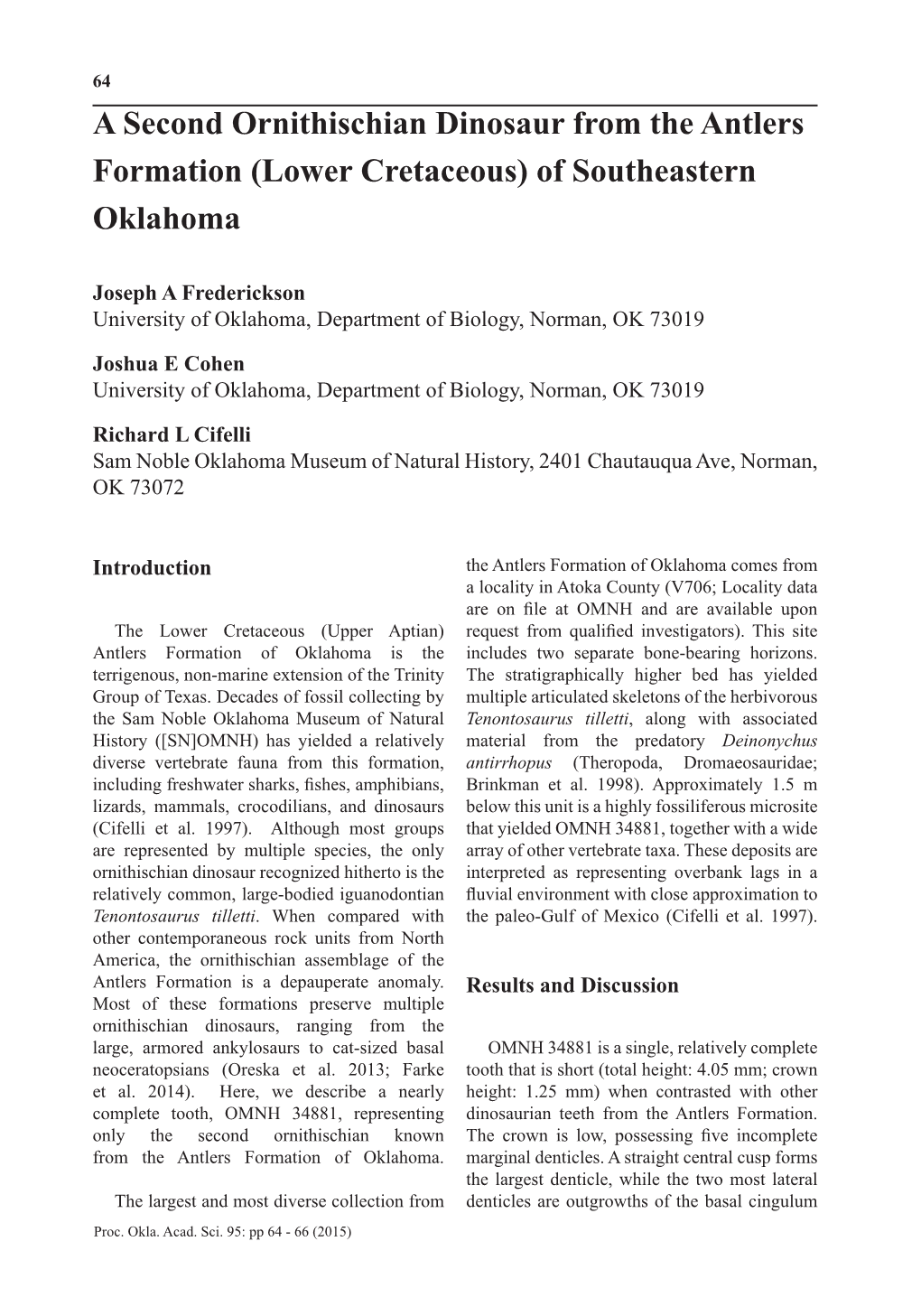 A Second Ornithischian Dinosaur from the Antlers Formation (Lower Cretaceous) of Southeastern Oklahoma