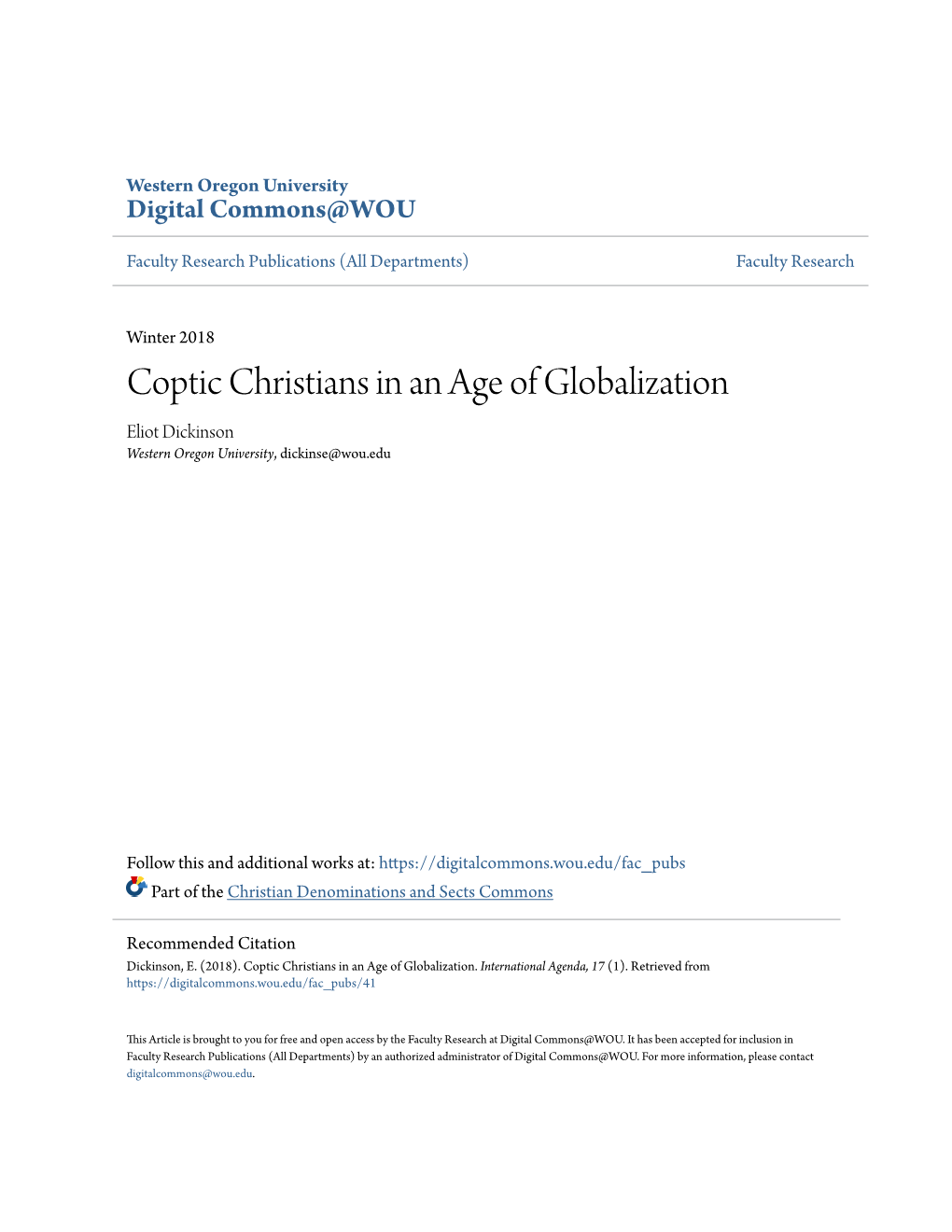 Coptic Christians in an Age of Globalization Eliot Dickinson Western Oregon University, Dickinse@Wou.Edu