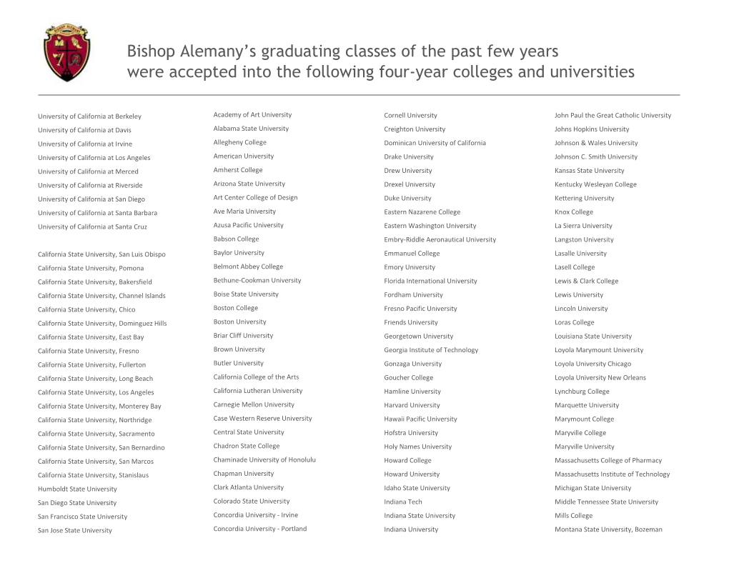 Bishop Alemany's Graduating Classes of the Past Few Years Were Accepted