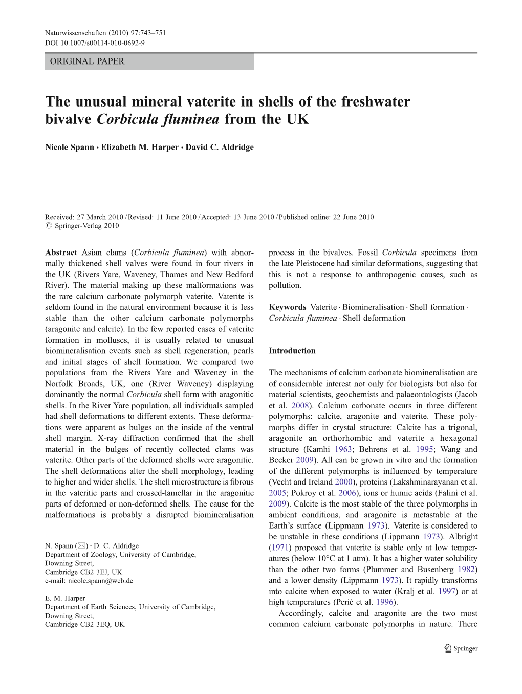 The Unusual Mineral Vaterite in Shells of the Freshwater Bivalve Corbicula Fluminea from the UK