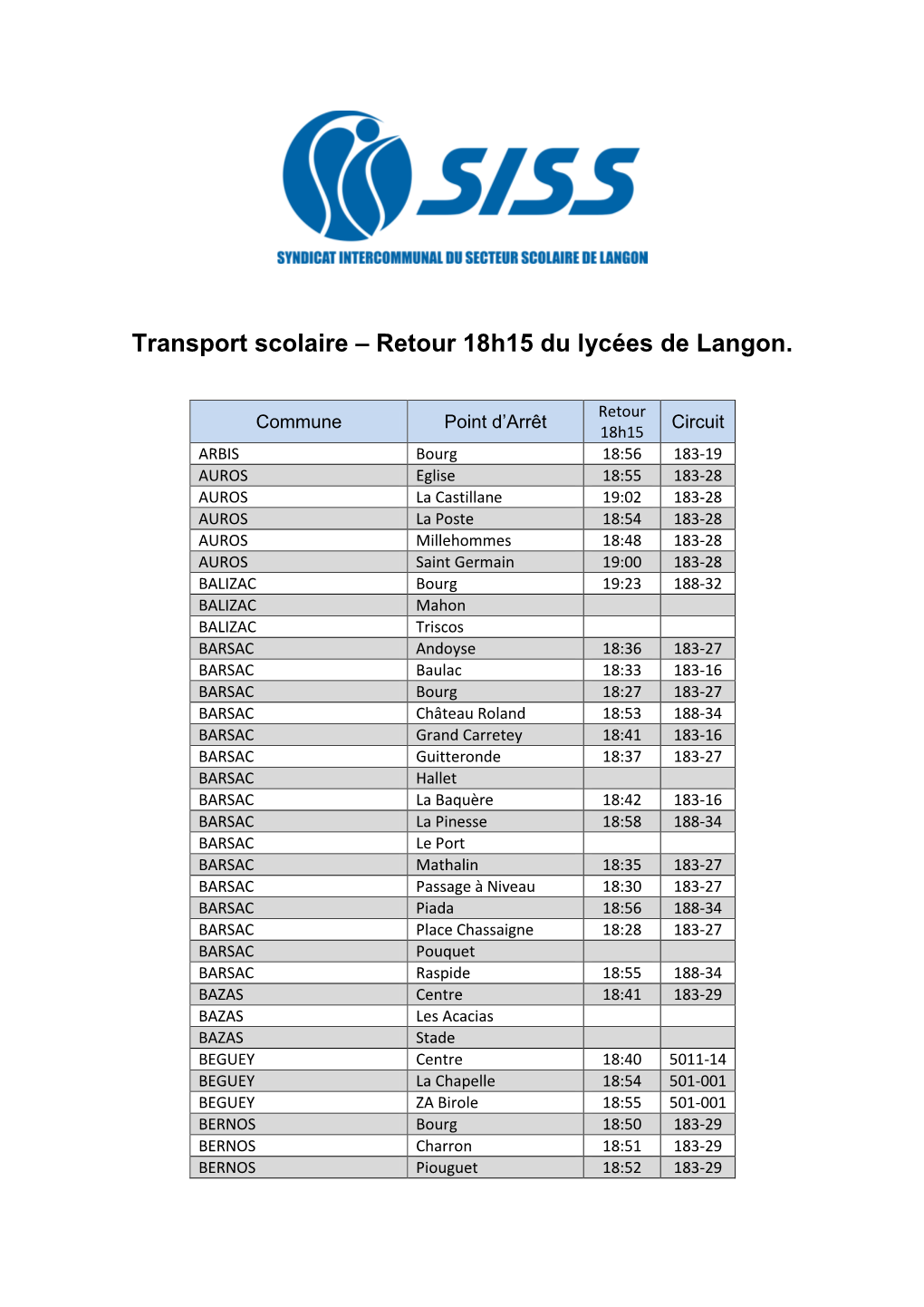 Transport Scolaire – Retour 18H15 Du Lycées De Langon