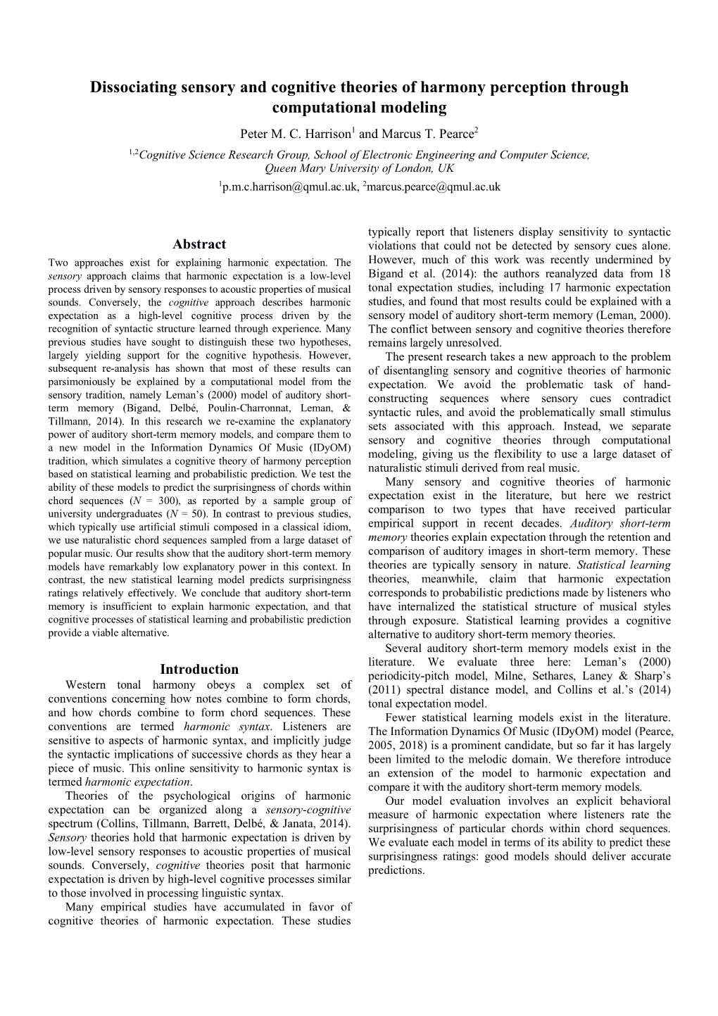 Dissociating Sensory and Cognitive Theories of Harmony Perception Through Computational Modeling Peter M