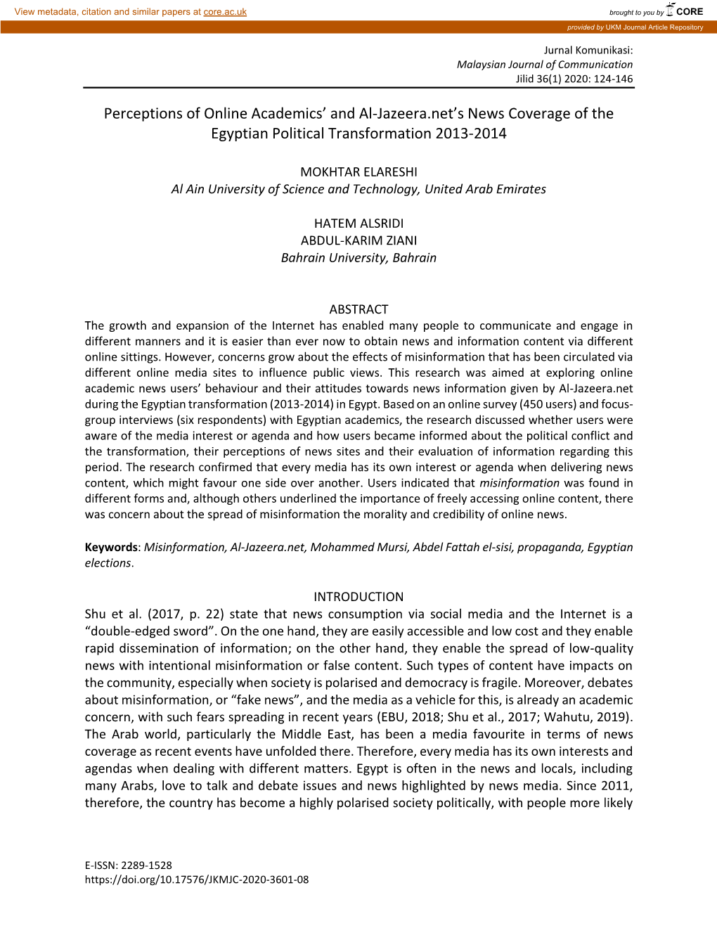 Perceptions of Online Academics' and Al-Jazeera.Net's News Coverage Of