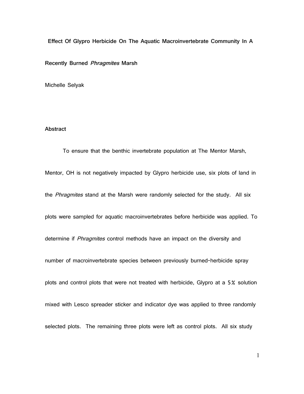 Effect of Glypro Herbicide on an Aquatic Macroinvertebrate Community in a Burned Phragmities